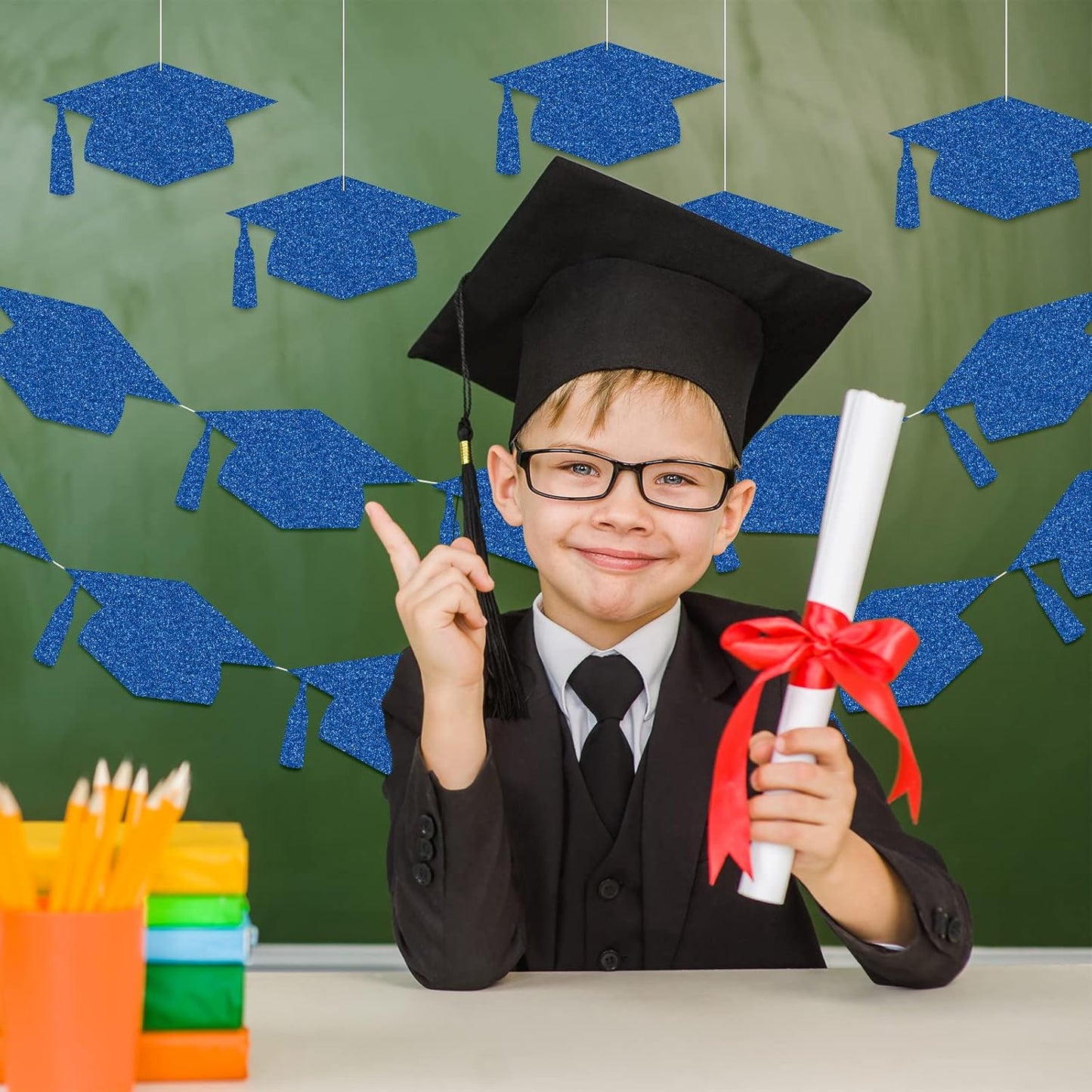 Whaline Graduation Cap Cutouts - Glitter Blue Confetti with 100 Glue Points | 50 Pcs, 5.7 Inch