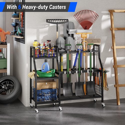 Keomaisyto Garden Tool Organizer - Heavy Duty Metal Storage with 6 Wheels & 2 Baskets | Ideal for Garage, Shed & Yard