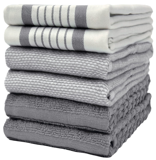 6 Pack 20x28" Absorbent Cotton Kitchen Towels with Hanging Loop - Grey Striped