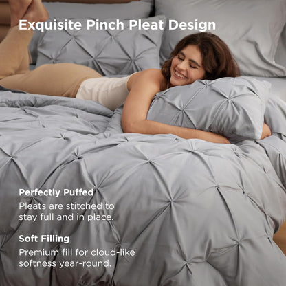 Bedsure Queen Comforter Set - Grey Pintuck Bed in a Bag | 7-Piece All-Season Bedding Set with Sheets & Pillowcases