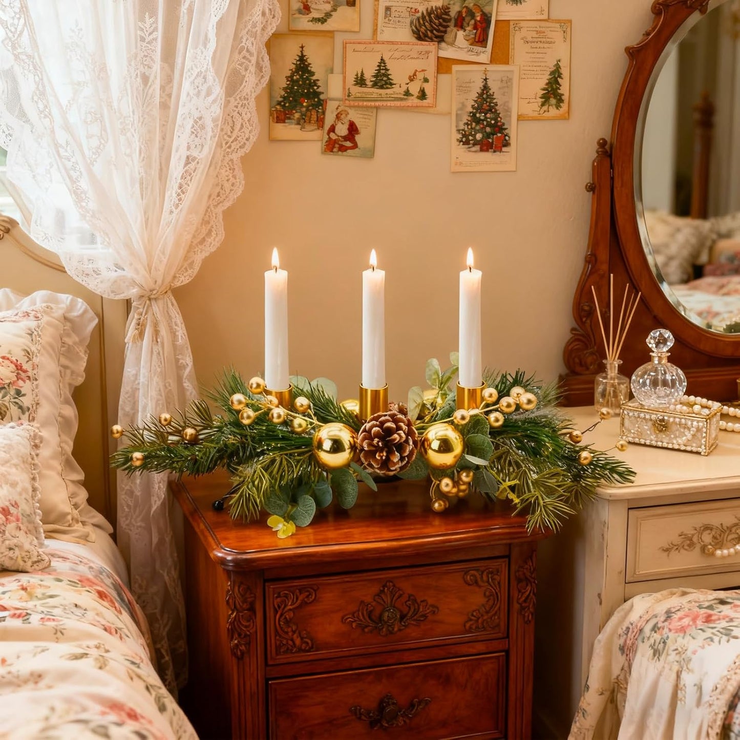 MrMrKura Christmas Tabletop Centerpiece - 3 Candle Holders with Pine Cones & Red Berries | Gold Decor for Dining Room
