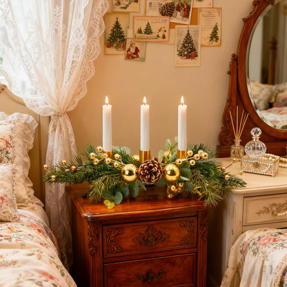 MrMrKura Christmas Tabletop Centerpiece - 3 Candle Holders with Pine Cones & Red Berries | Gold Decor for Dining Room