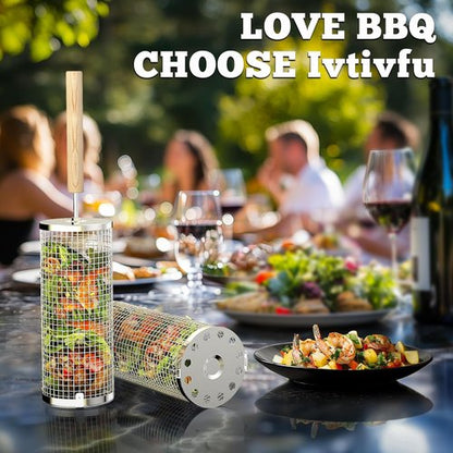 Ivtivfu Rolling Grill Basket - 304 Stainless Steel BBQ Tool with Removable Wooden Handle | Perfect for Outdoor Cooking and Camping