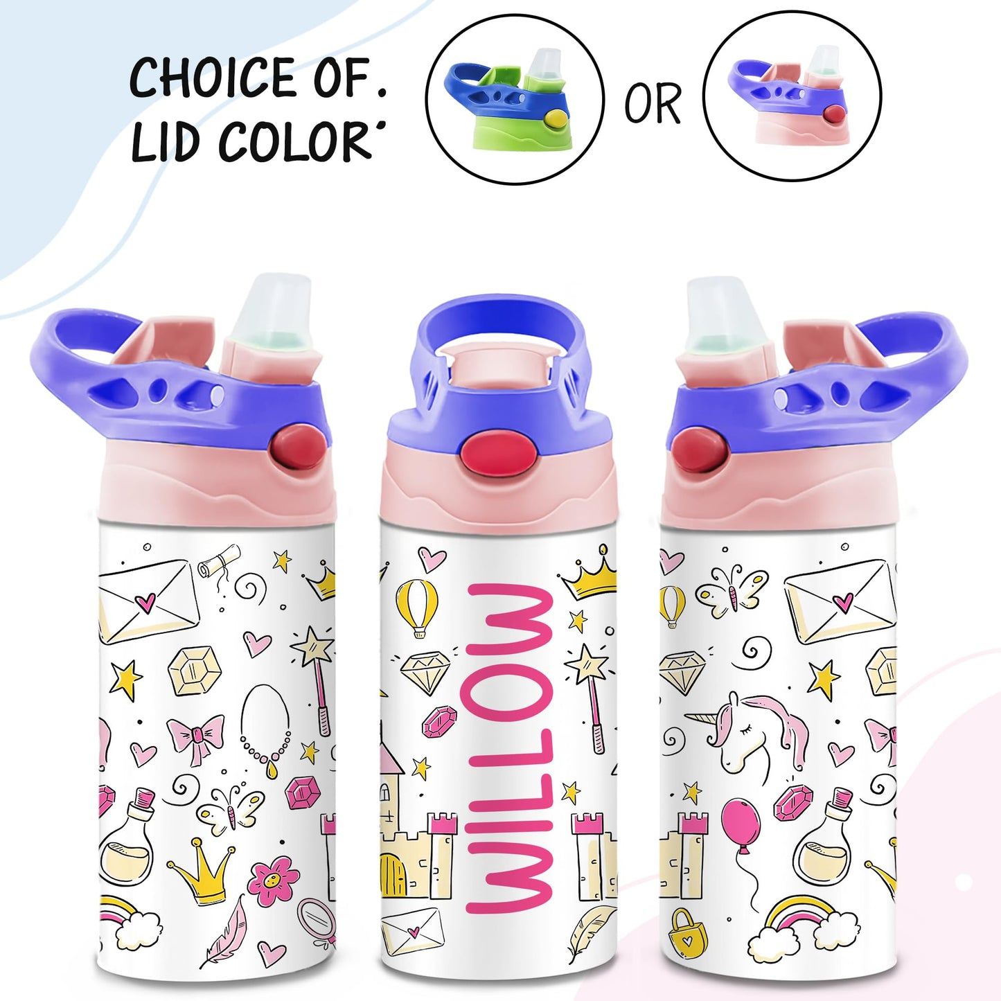 Personalized Kids Water Bottle | 12 Oz Double Wall Insulated Stainless Steel Tumbler | Custom Name Leak-Proof Cup with Straw | Back to School Gift for Toddlers, Children, Boys, Girls | Unicorn Design