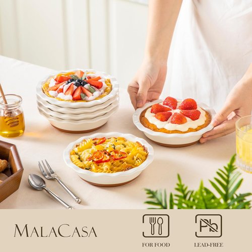 MALACASA Ceramic Mini Pie Pans Set of 6 - 6-Inch Ruffled Edge Baking Dishes | Microwave & Oven Safe, Khaki White