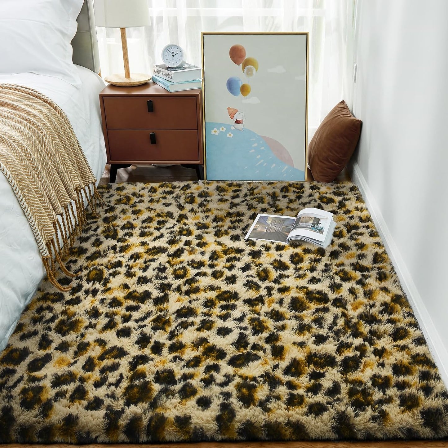 Ophanie Leopard Print Area Rug - Fluffy Shag Soft Throw for Bedroom & Living Room | Large 4x6 Size