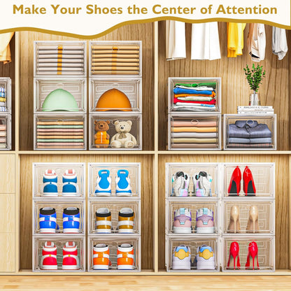 Skiennix Clear Shoe Storage Organizer - 12 Pack Stackable Plastic Boxes with Magnetic Door | Space-Saving White Design