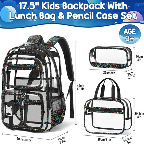 Fimibuke Clear Backpack - 3PCS Heavy Duty PVC Set with Lunch Box & Pencil Case | School Approved for Kids