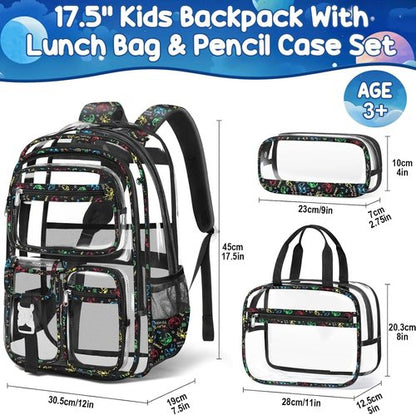Fimibuke Clear Backpack - 3PCS Heavy Duty PVC Set with Lunch Box & Pencil Case | School Approved for Kids