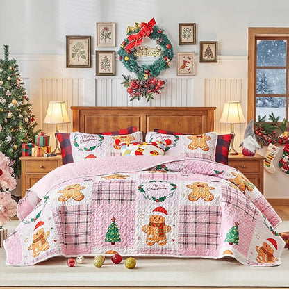 Queen Christmas Quilt Set Pink Plaid Patchwork with Gingerbread Man & Trees - Reversible Gingham Design, 100% Microfiber