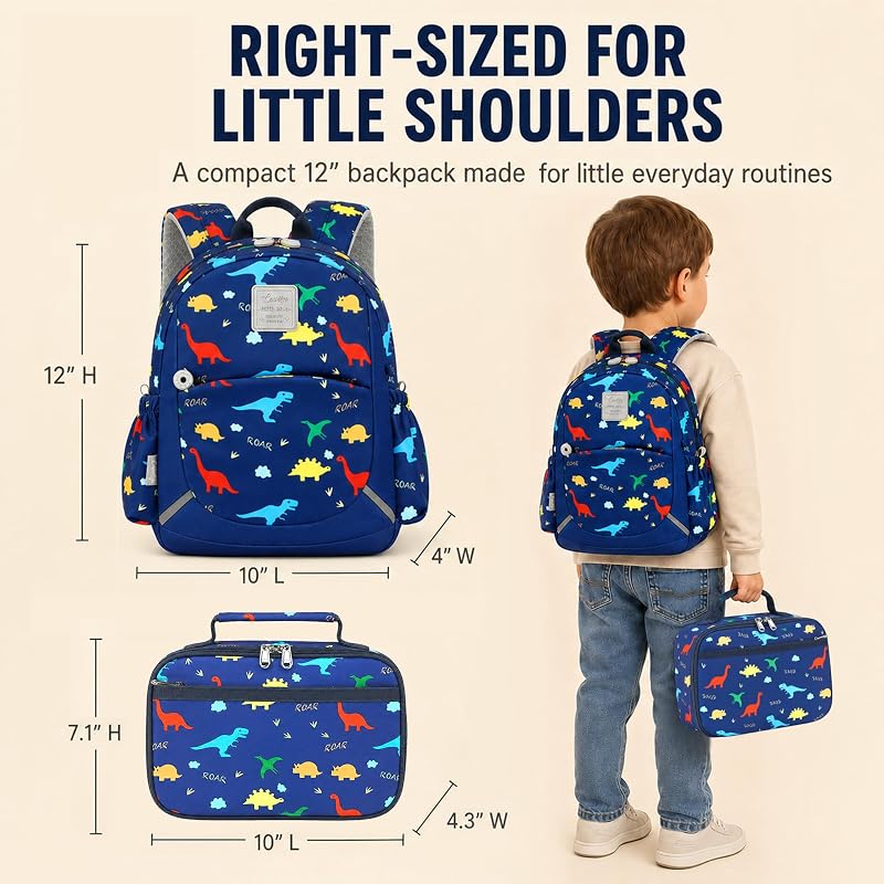 Camtop 12-Inch Toddler Backpack for Boys - Navy Dinosaur Lunch Bag Set