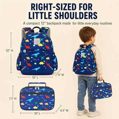 Camtop 12-Inch Toddler Backpack for Boys - Navy Dinosaur Lunch Bag Set