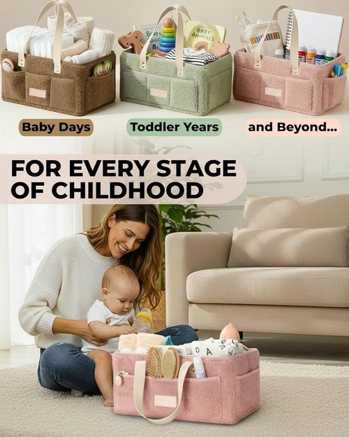 Baby Diaper Caddy Organizer - Portable Changing Mat & Removable Dividers - Teddy Fleece Design