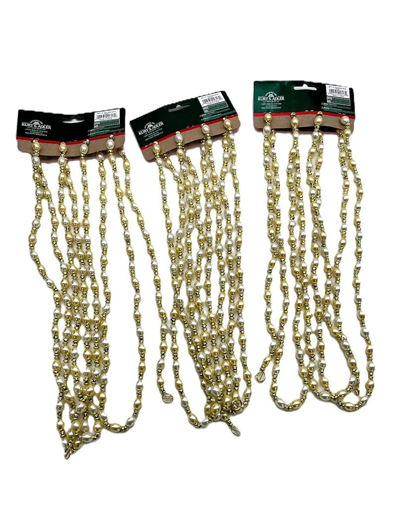 Gold & Ivory Beaded Garlands Set, 9 Ft Each, 3-Piece Holiday Decor