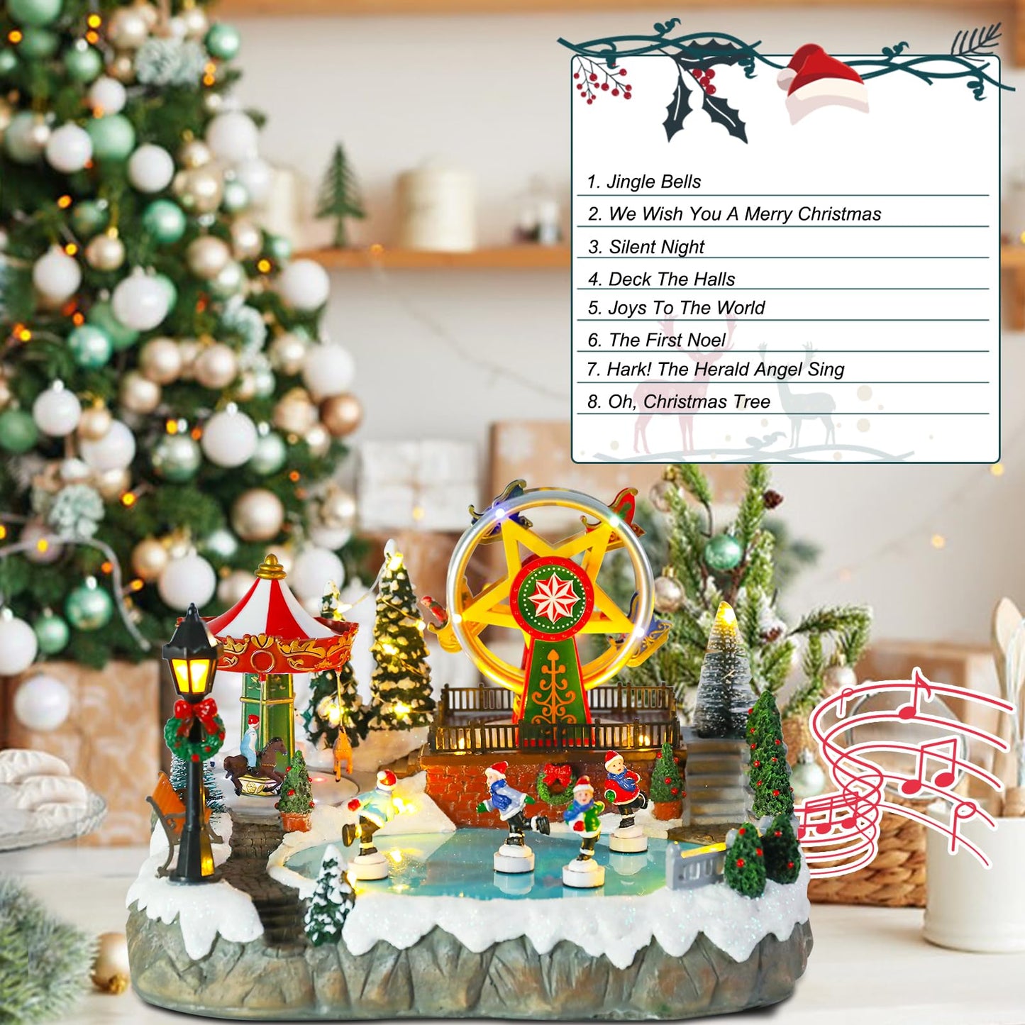 Christmas Village House Musical Christmas Collectible Buildings Amusement Park Carousel Skating Ferris Wheel with LED Lights Christmas Vacation Village with USB Indoor Figurines Decoration