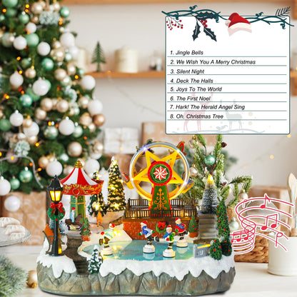 Christmas Village House Musical Christmas Collectible Buildings Amusement Park Carousel Skating Ferris Wheel with LED Lights Christmas Vacation Village with USB Indoor Figurines Decoration