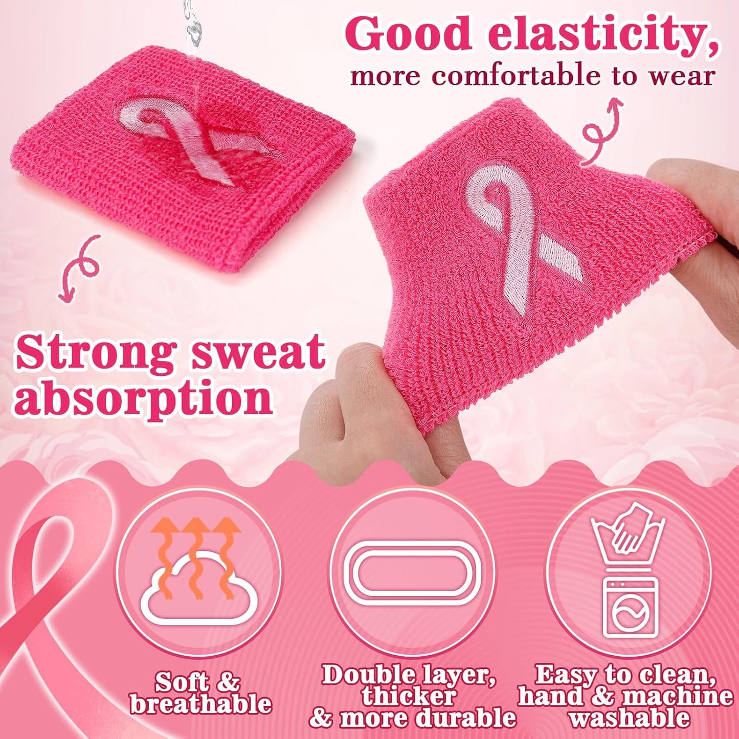 Skiennix Breast Cancer Awareness Wristbands - Pink Ribbon Elastic Sports Bands | 12/24/48 Pcs for Youth & Adults