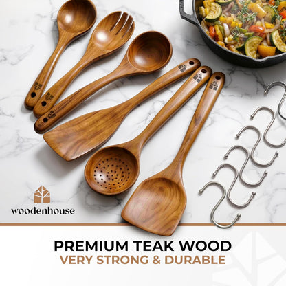 Skiennix Wooden Spoons - 6 Pcs Premium Teak Utensil Set | Durable, Nonstick, Easy to Clean & Heat Resistant