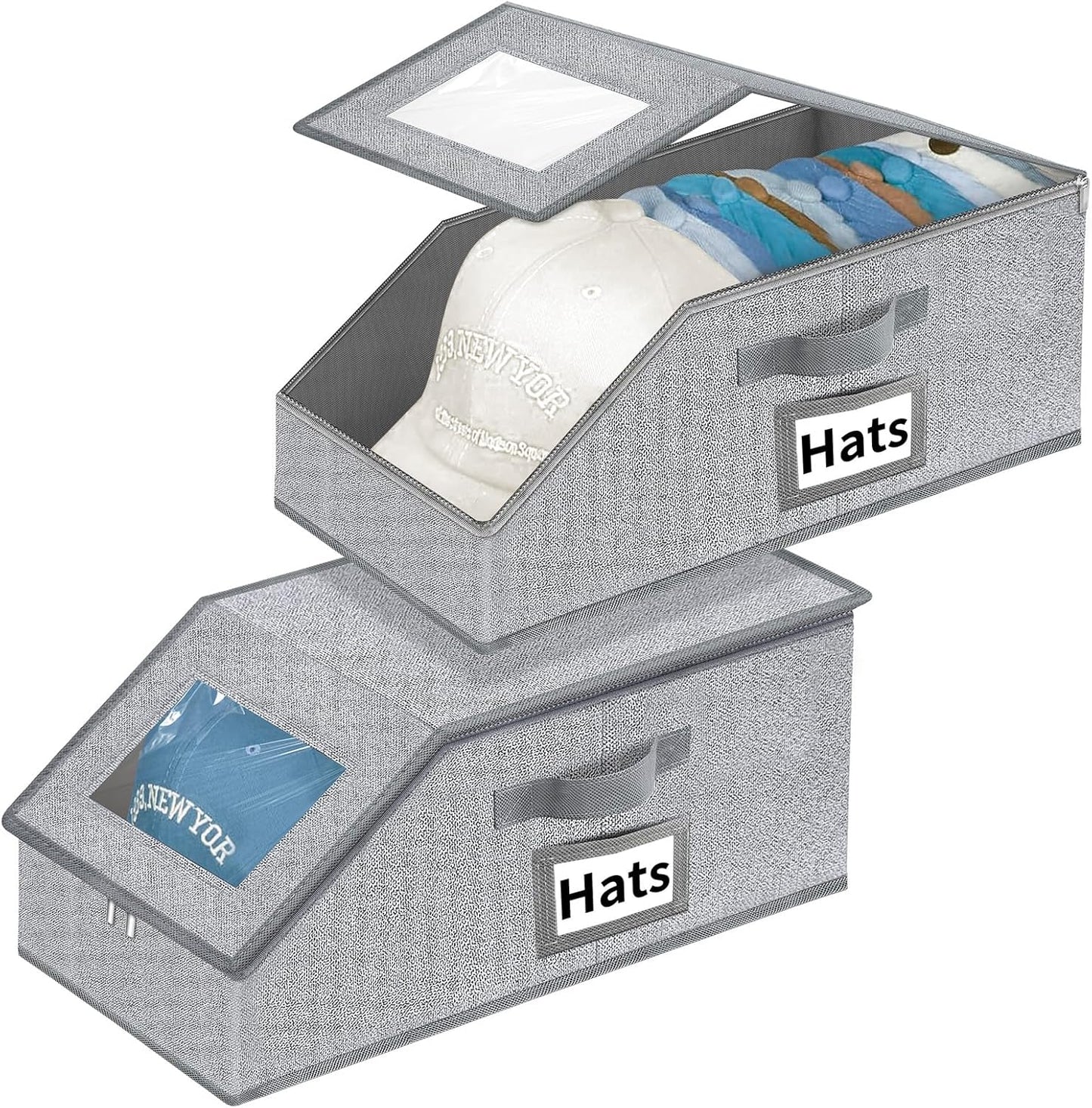 Aokeyee Hat Organizer - Stackable 2PCS Storage with Clear Window Lid & Flip-Top Access | Grey