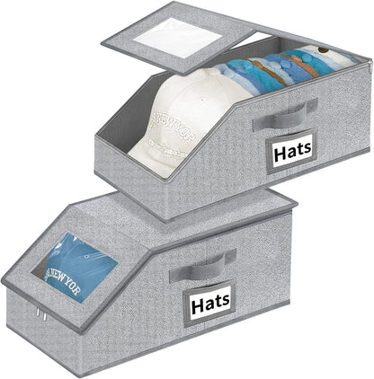 Aokeyee Hat Organizer - Stackable 2PCS Storage with Clear Window Lid & Flip-Top Access | Grey