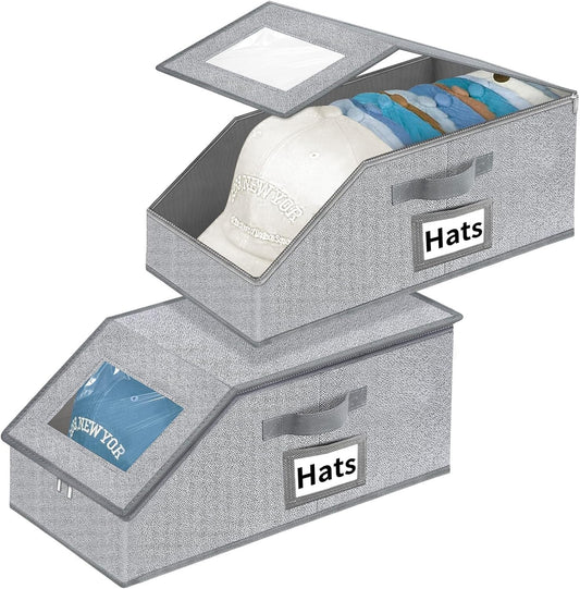 Aokeyee Hat Organizer - Stackable 2PCS Storage with Clear Window Lid & Flip-Top Access | Grey