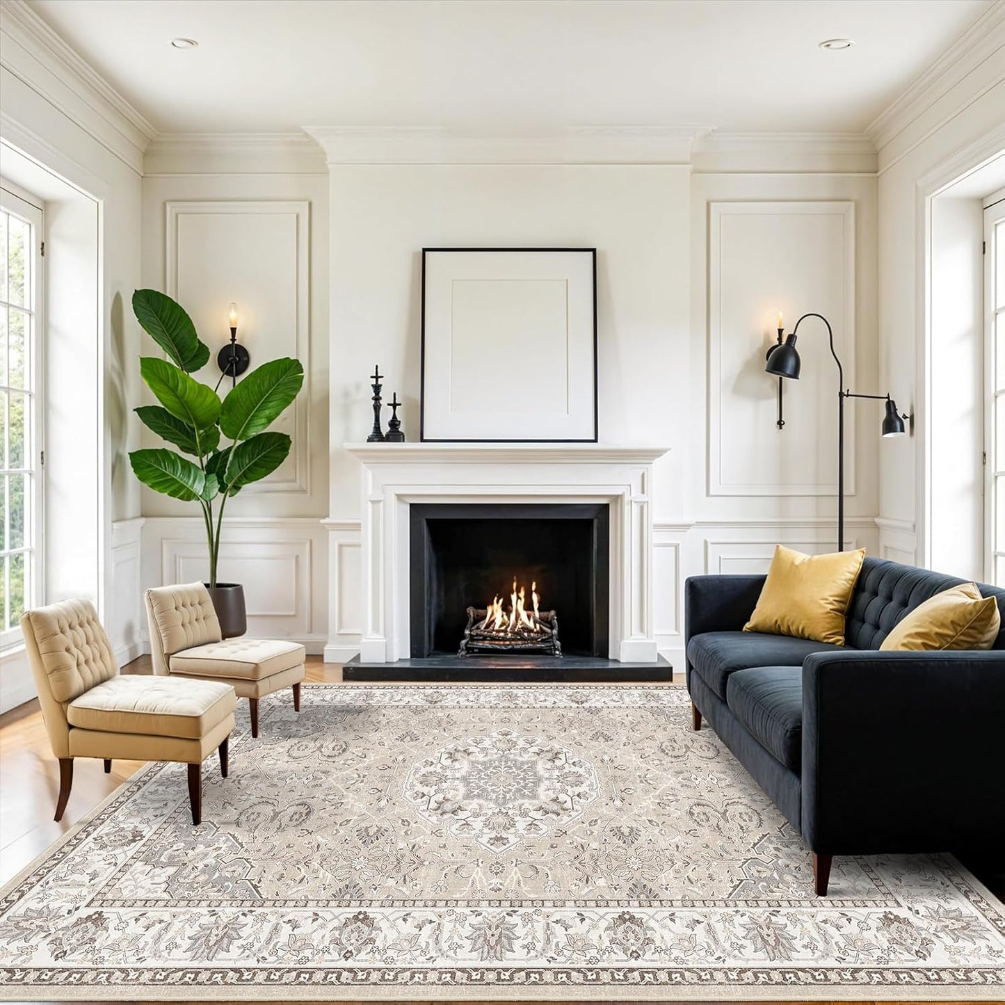 Skiennix 8x10 Living Room Rug - Washable Oriental Stain Resistant Carpet | Ultra Soft Non-Slip Beige Mat for Home Decor