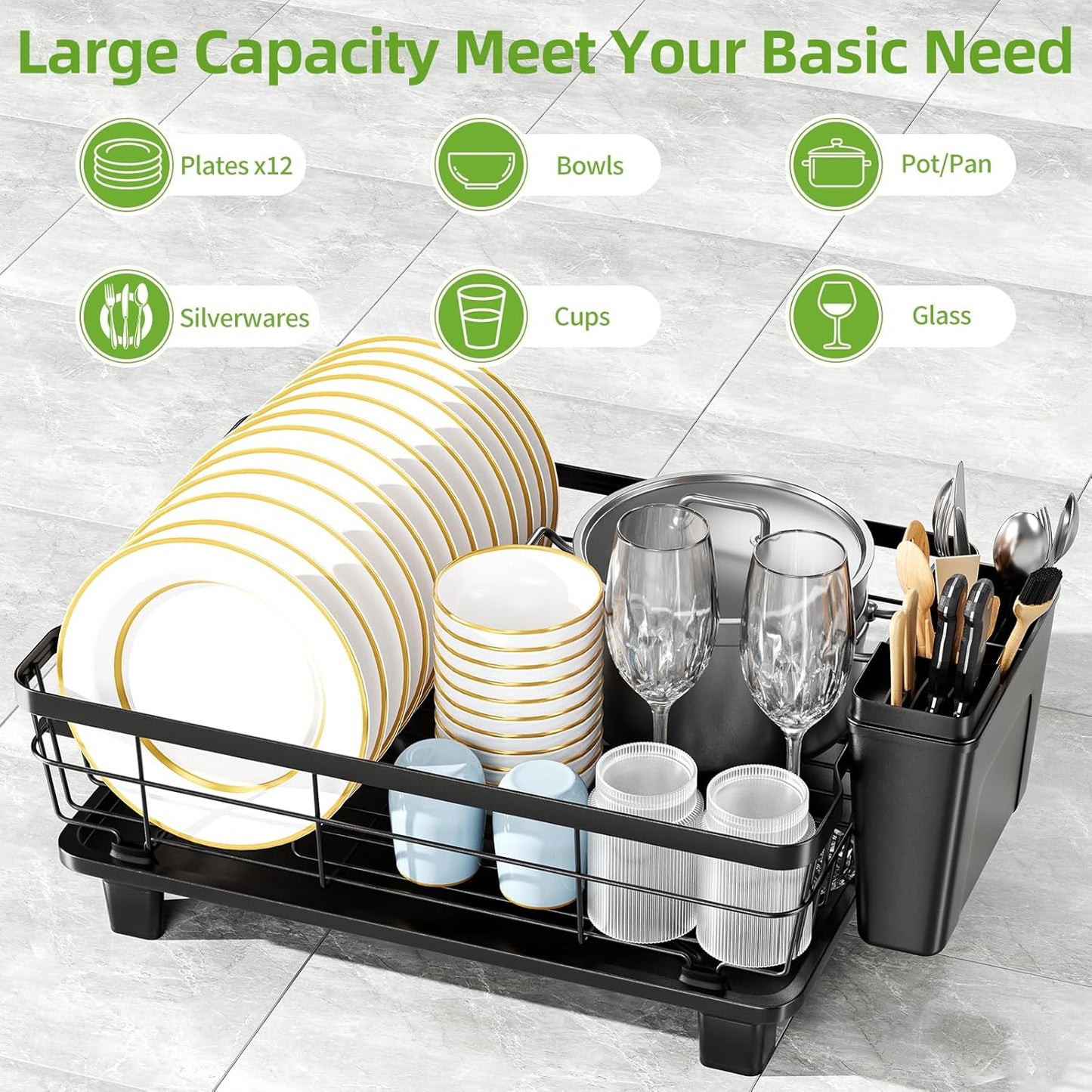 Small Dish Drying Rack by [Brand Name] - Space-Saving Kitchen Organizer with Cutlery Holder | 11''W x 15''L, Black