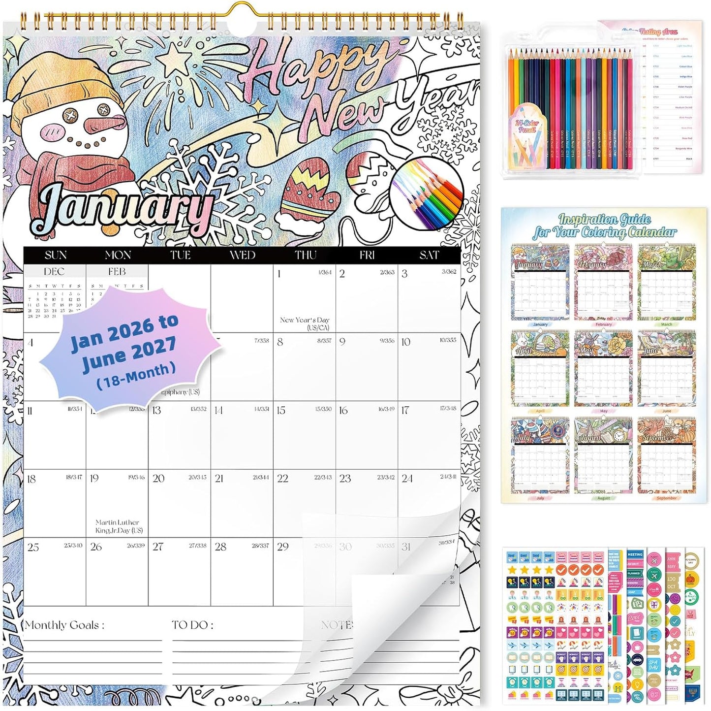 Ospelelf 2026 Family Coloring Wall Calendar - 12'' x 17'' Monthly Planner with Plastic Cover | 18 Months, Jan 2026 - June 2027
