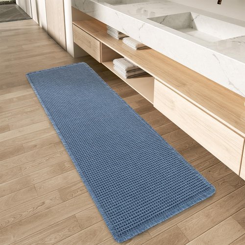AMOAMI Upgraded Waffle Runner Rug Super Absorbent Non Slip Bath Mats for Bathroom Floor Washable Bathroom Runner Rug with Tassels, Ideal for Hallway Bedroom Laundry Room, Blue, 2' x 6'(24" x 72")