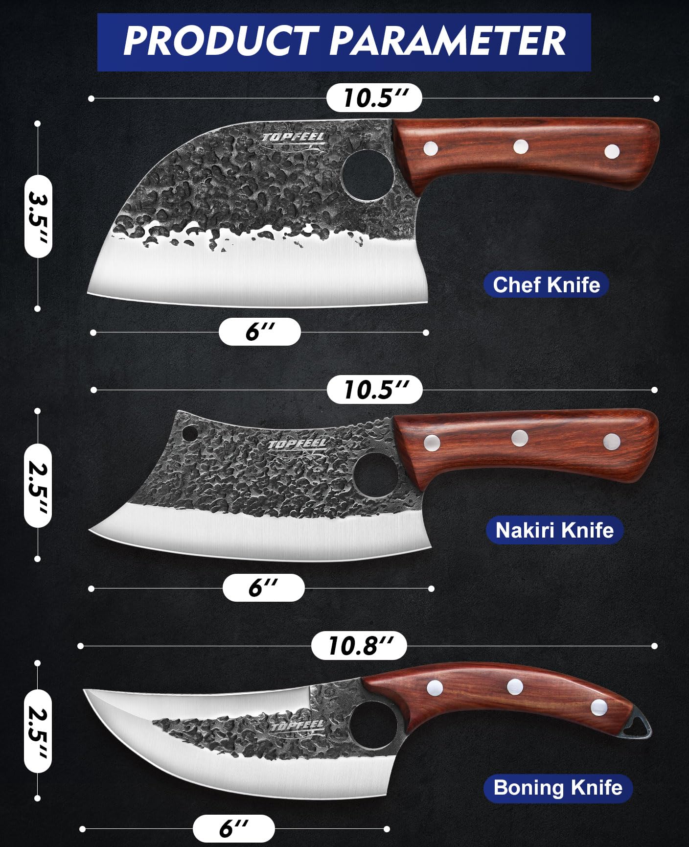 Topfeel 3PCS Butcher Knife Set, Hand Forged Serbian Chef Knives & Meat Cleaver & Viking Knives, Meat Cutting Kitchen Knife Set for Home, Outdoor Cooking, Camping BBQ Gift Idea Men