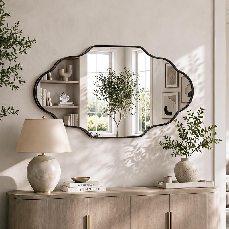 Scalloped Black Bathroom Mirror - 20"L x 36"W, Irregular Wall Decor (1 Pack)