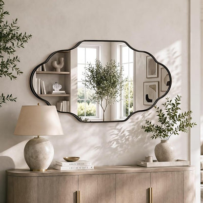 Scalloped Black Bathroom Mirror - 20"L x 36"W, Irregular Wall Decor (1 Pack)