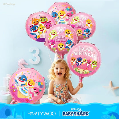 Baby Shark | PartyWoo Family Foil Balloons - 13pcs Pink Round & Star Mylar Set for Kids' Birthday Party Decorations
