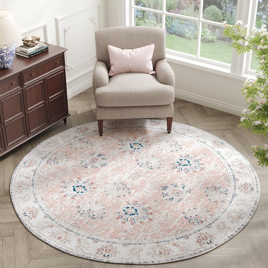 jinchan Round Rug 4ft Area Rug - Indoor Vintage Hallway Circle 4' Washable Thin Floral Print Non Slip with Rubber Backing for Living Room Dining Room Bedroom Entryway Pink