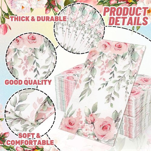 FYSUIMU Floral Guest Napkins - 100 Pcs Greenery Design with Spring Roses & Eucalyptus | Disposable Paper Towels for Weddings & Parties