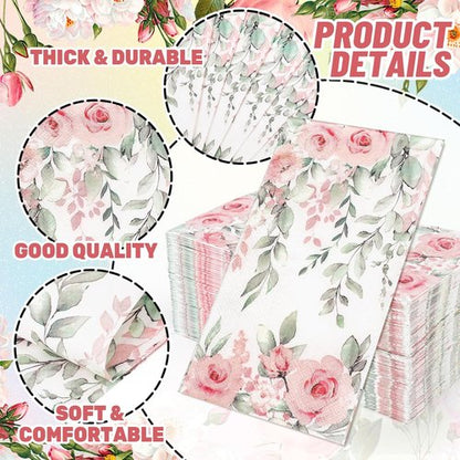 FYSUIMU Floral Guest Napkins - 100 Pcs Greenery Design with Spring Roses & Eucalyptus | Disposable Paper Towels for Weddings & Parties
