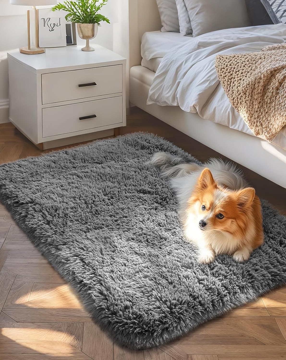 Ophanie Small Grey Area Rug - Fluffy Non-Slip Bedroom Carpet | 2x3 Mini Mat for Home Decor