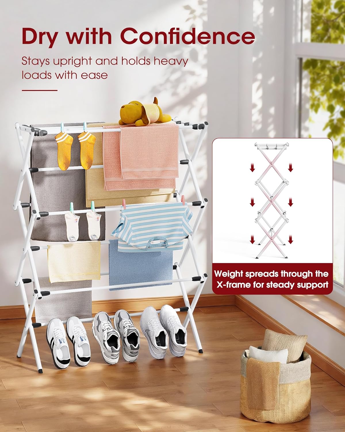 Sakugi Foldable Clothes Drying Rack - Space-Saving 3-Tier Metal Laundry Rack for Indoor & Outdoor Use | 11.4"D x 29.1"W x 37.4"H, White and Black