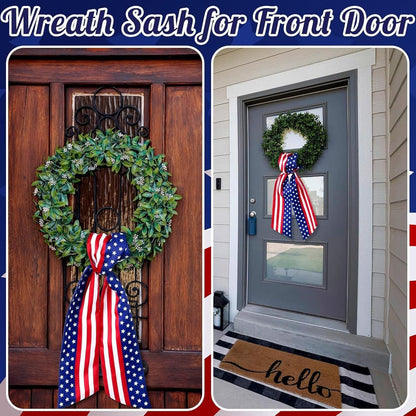 YKW Patriotic Wreath Sash - American Flag Fine Linen Ribbon, 5" W x 55" for 4th of July Decor