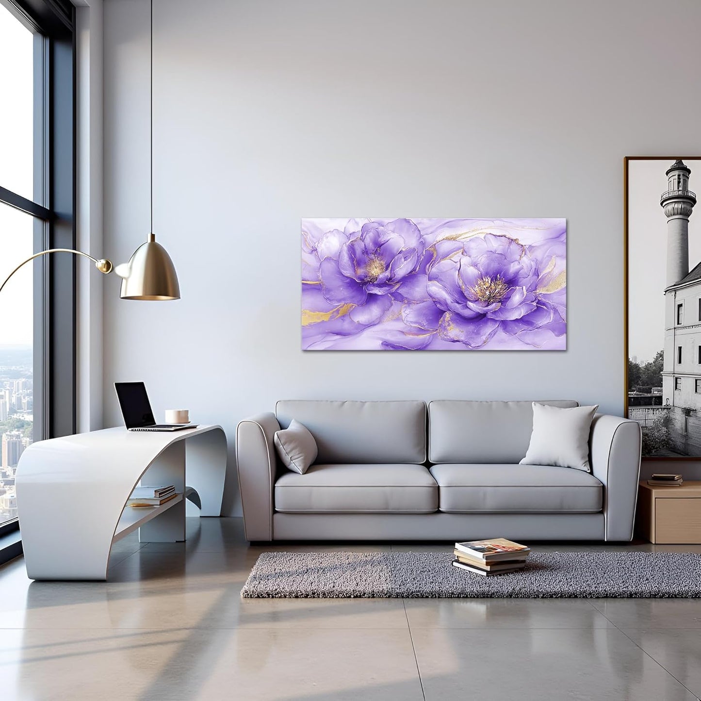 Sechars Abstract Flower Wall Art - Purple and Gold Floral Canvas Print, 20" x 40"