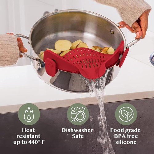 Kitchen Gizmo Silicone Pot Strainer - Adjustable Clip-On Pasta Strainer for Pots & Pans - Large Red