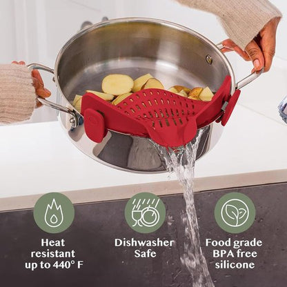 Kitchen Gizmo Silicone Pot Strainer - Adjustable Clip-On Pasta Strainer for Pots & Pans - Large Red