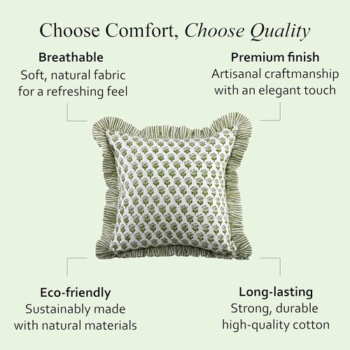 CPC Block Print Ruffle Throw Covers - Emerald Green 20"x20" | 100% Cotton Decorative Pillows for Living Room & Bedroom