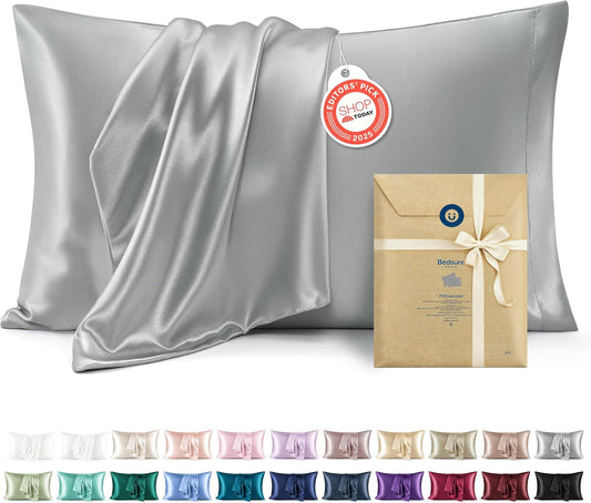 Bedsure Satin Pillowcase Set of 2 - Silver Grey for Hair & Skin | King Size 20x36 Inches, Envelope Closure