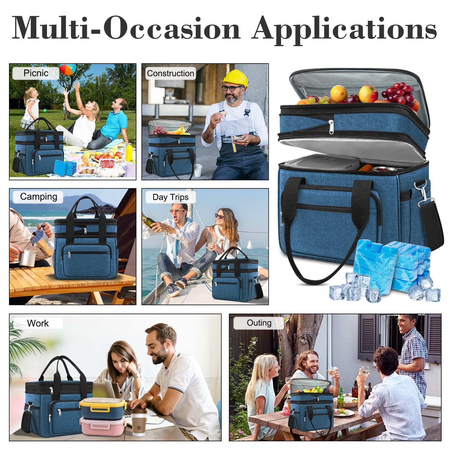 Lunch Box for Men,23L Expandable Insulated Large Cooler Lunch Box, Double Deck Leakproof Lunch Tote Bag with 4 Ice packs,2 Snack Bags, Shoulder Strap for Adult/Women,Work,Picnic,Camping-Blue