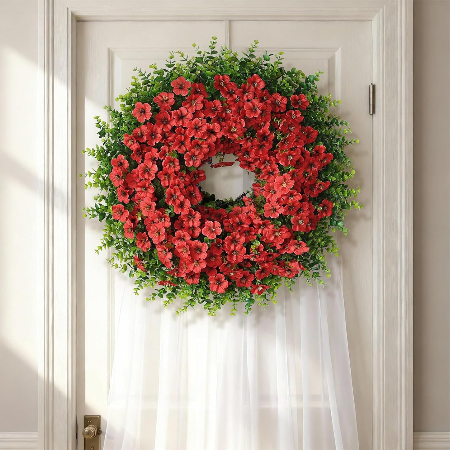 Skiennix 26" Large Artificial Eucalyptus Wreath - Realistic Faux Silk Morning Glory Flowers for Home & Wedding Decor (Red)
