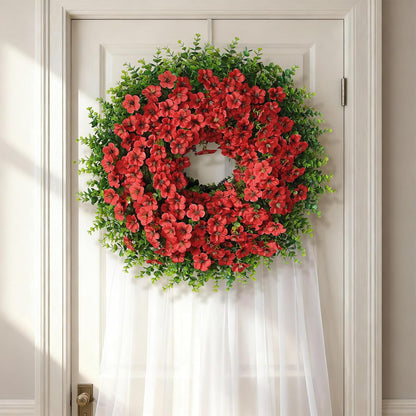 Skiennix 26" Large Artificial Eucalyptus Wreath - Realistic Faux Silk Morning Glory Flowers for Home & Wedding Decor (Red)