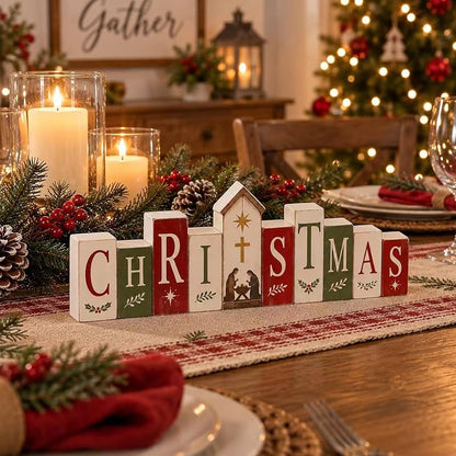 Nativity Bible Scene Tabletop Sign - Freestanding Rustic Christmas Decor, 11.8 x 4.7 in - Variation: Christmas