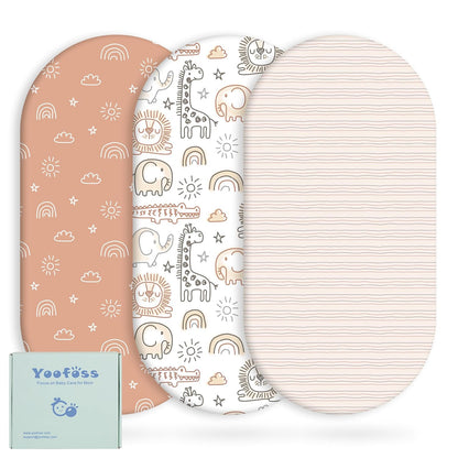 Yoofoss Bassinet Sheets - 3-Pack Fitted Sheets for Halo, Baby Delight & Angelbliss | Soft, Breathable Design (Brown & Animals)