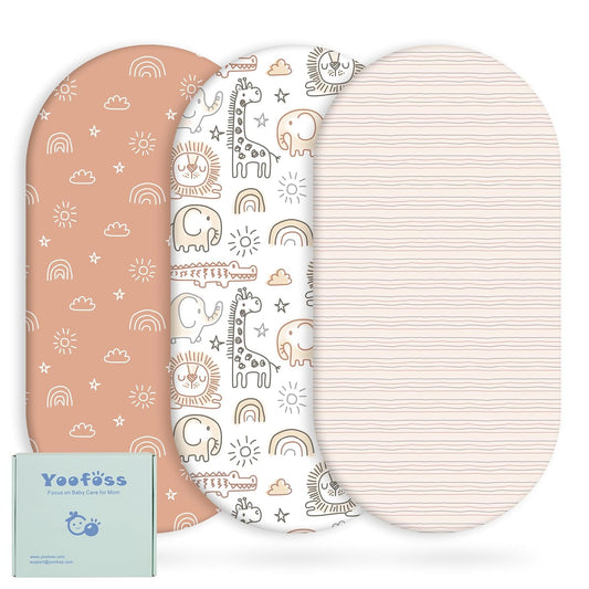Yoofoss Bassinet Sheets - 3-Pack Fitted Sheets for Halo, Baby Delight & Angelbliss | Soft, Breathable Design (Brown & Animals)